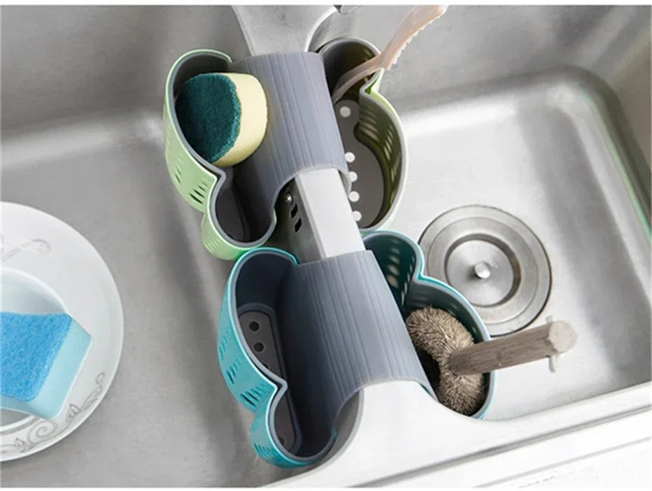 2 Sided Kitchen Sponge Drain Rack Sink Scouring Pad Hanging Storage Basket Cleaning Brush Holder Soap Organizer Shelf