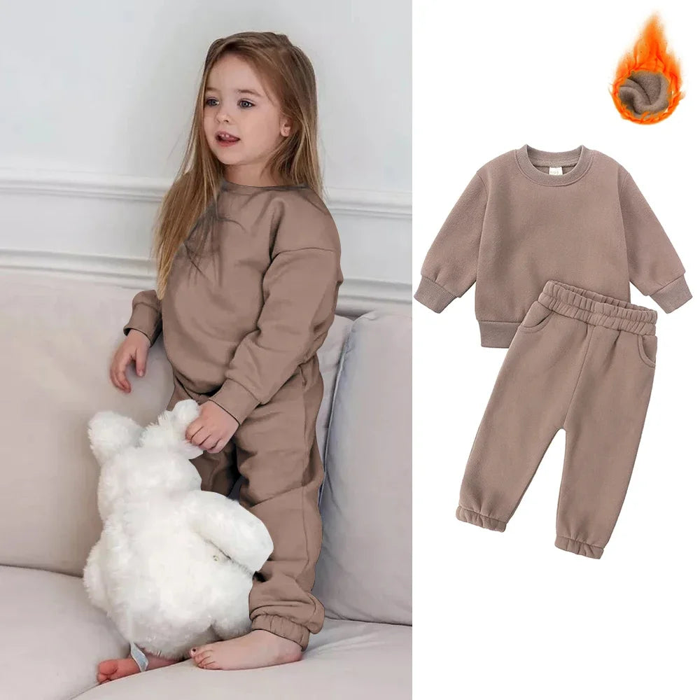 2026 Children Kids Fleece Winter Outfits Solid Cotton Hooded Sweatshirt+Pants Toddler Infant Suit Boy Girl Casual Warm Clothes