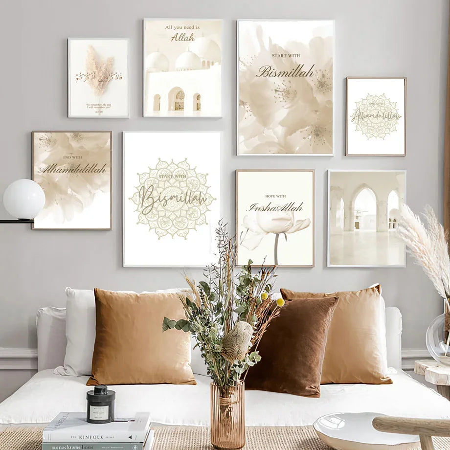 Islamische marokkanische Reed-Beige-Blumen-Boho-Wandkunst, Leinwandgemälde, nordische Poster und Drucke, Wandbilder für Wohnzimmerdekoration