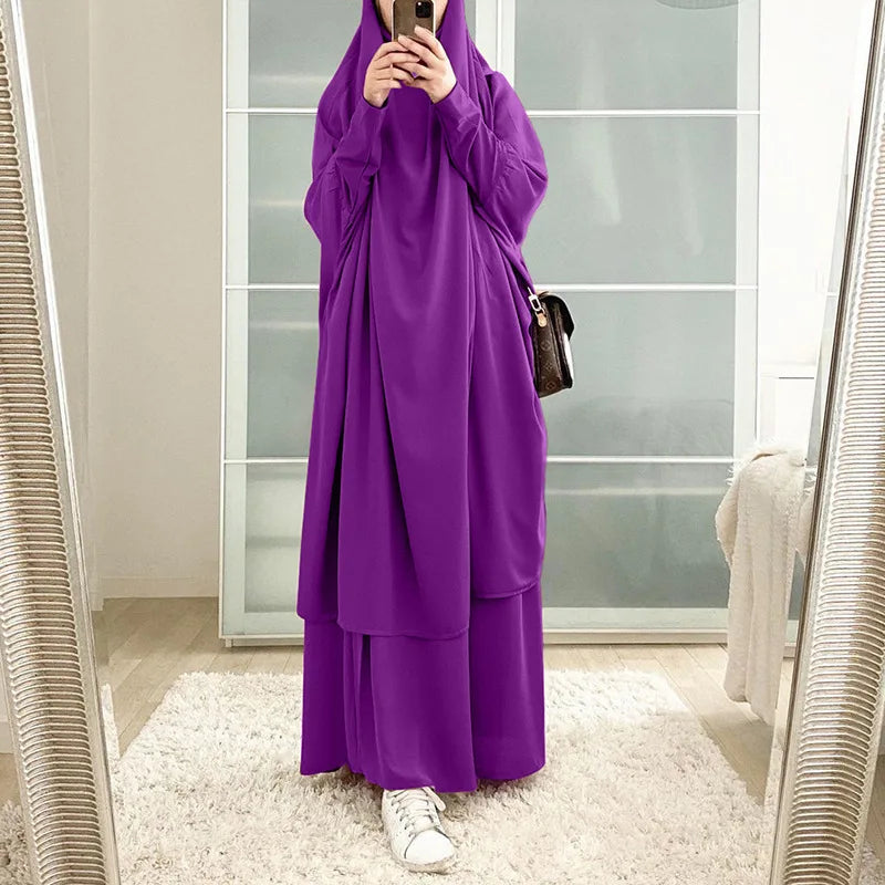 Eid Women Long Khimar 2 Piece Set Prayer Garment Djellaba  Abaya Muslim Ramadan Gown Dubai Arab Islamic Niqab Burka Jubah Jilbab