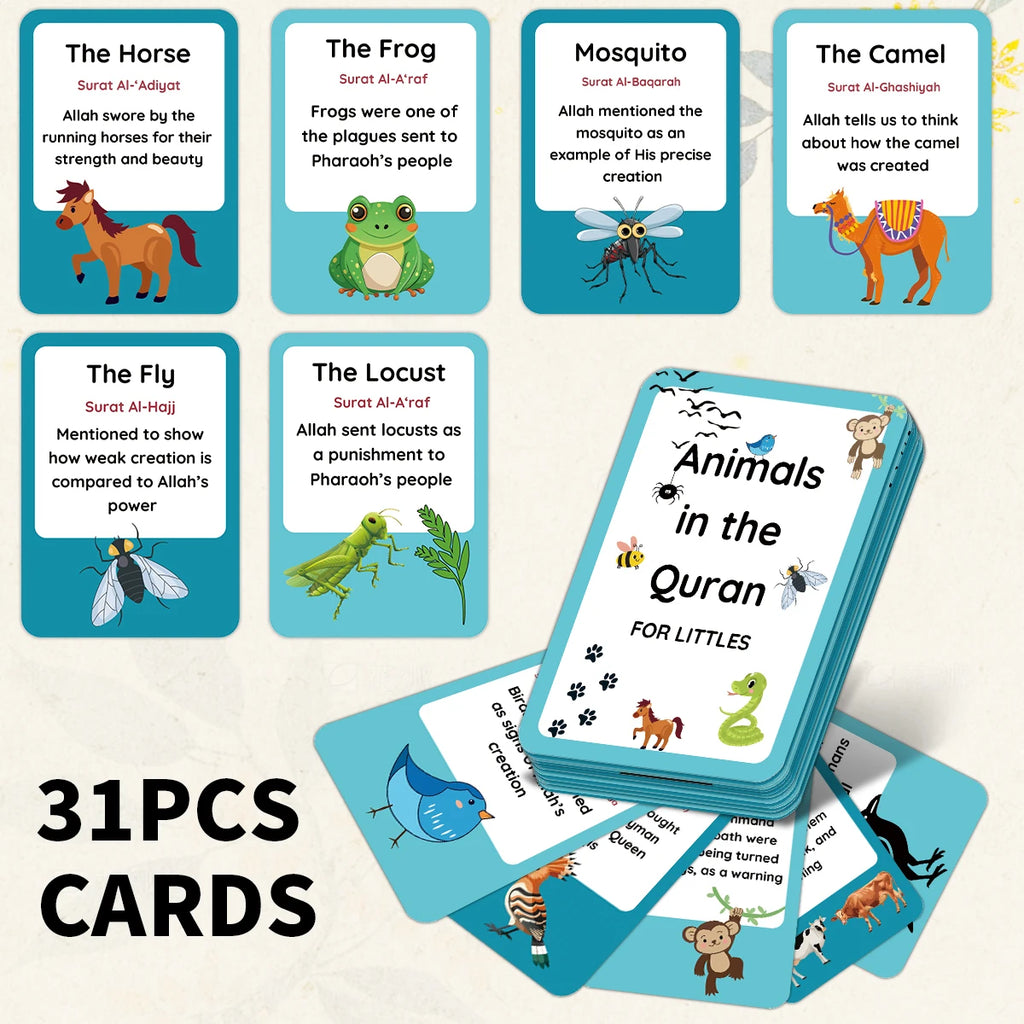 31pcs Islamic Quran Animal Cards,Beautiful Illustrated Educational Prophets Story,Arabic Language Learning Material,Ramadan Gift