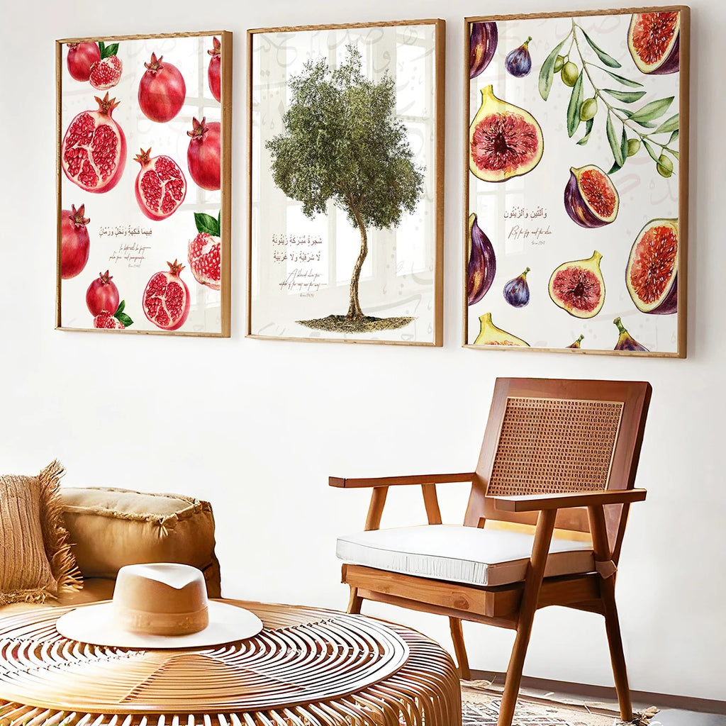 3PCS--3pcs/set Islamic Quran Fig Olive Tree Pomegranate Wall Art Print Poster Abstract Canvas Painting Home Decor Ramadan Gif
