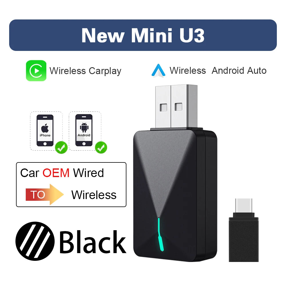 Kompakter Kabelloser CarPlay Android Auto USB-Adapter, Kabelgebunden zu Kabellos Upgrade, Einfache Installation, Automatische Verbindung, Kompatibel mit 98% aller Autos