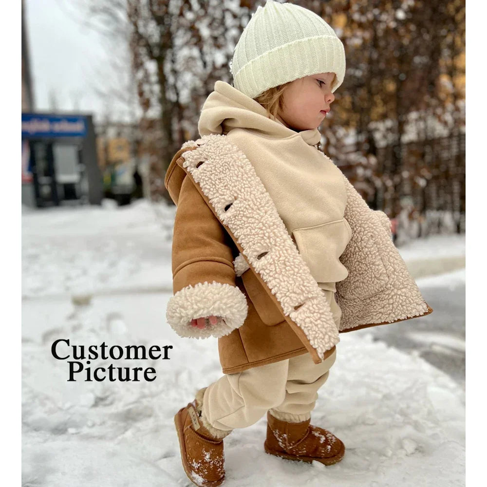 2026 Children Kids Fleece Winter Outfits Solid Cotton Hooded Sweatshirt+Pants Toddler Infant Suit Boy Girl Casual Warm Clothes