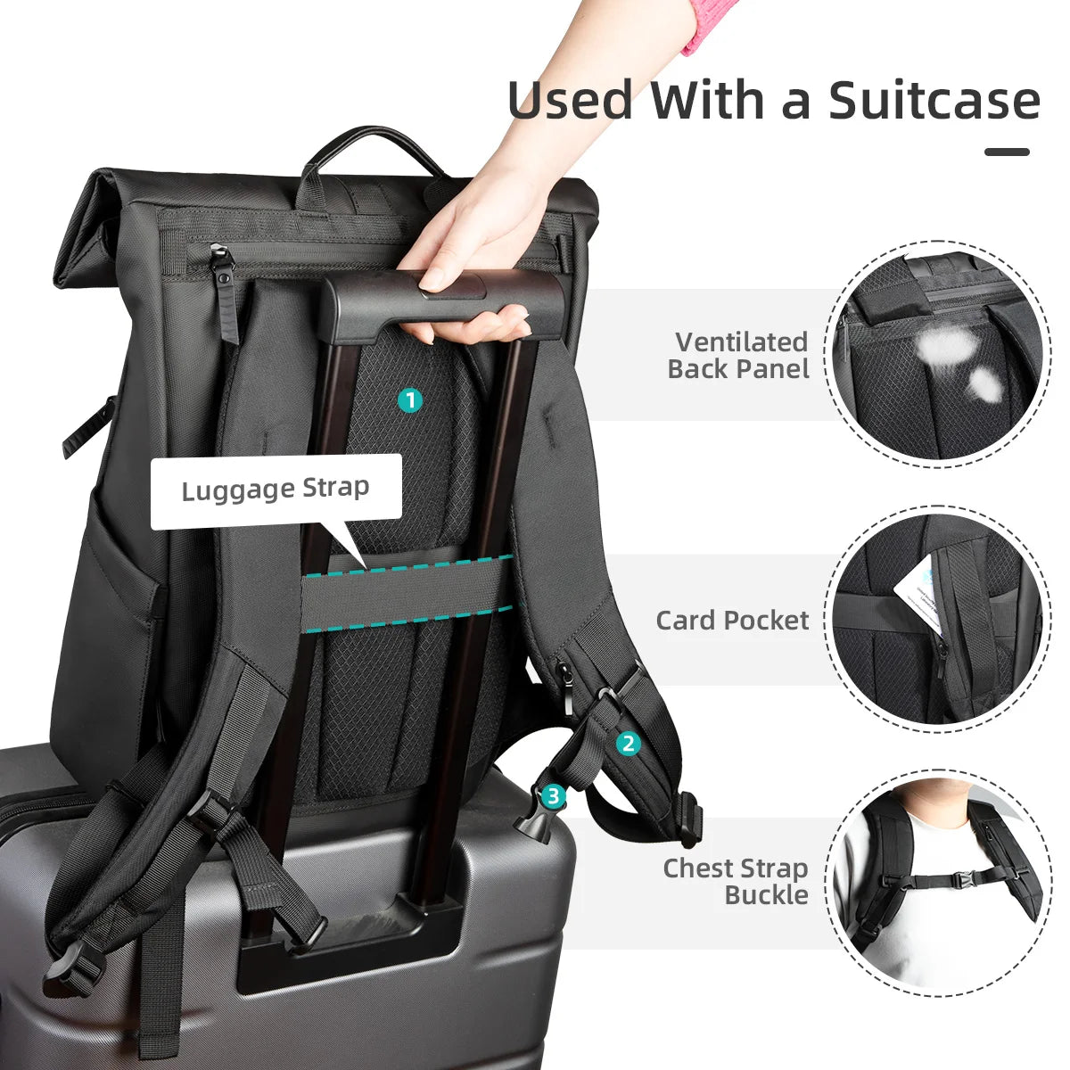 Heroic Knight Rolltop Laptop-Rucksack, erweiterbares, wasserabweisendes Fach, stilvoller Rucksack für Herren, lässiger Reiserucksack