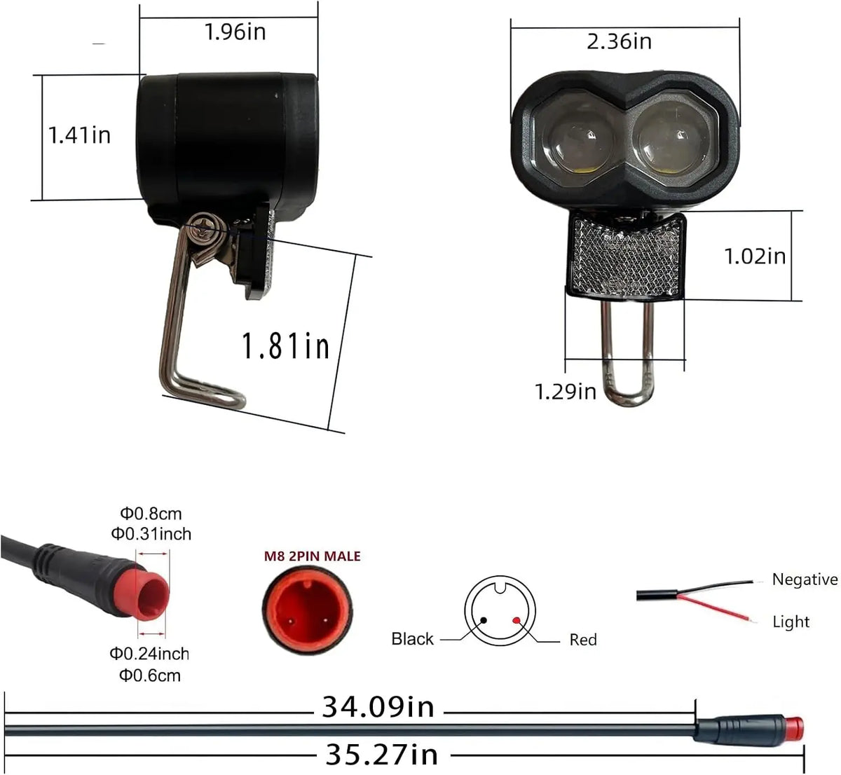 12V-60V universal ebike headlight with horn, IPX4 waterproof, 115Lux low beam, 2/3-pin plug, riser mount for e-bikes & scooters