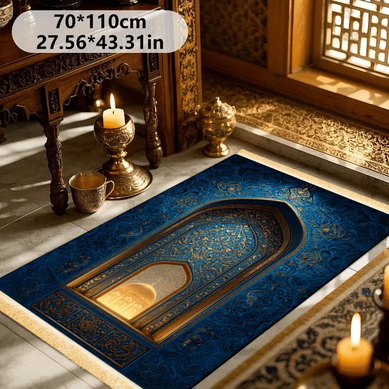 VIKAMA Islamischer Gebetsteppich, Blau-Gold Luxuriöses Moschee-Design, Faltbarer Waschbarer Muslimischer Teppich für Salah, Eid-Geschenk