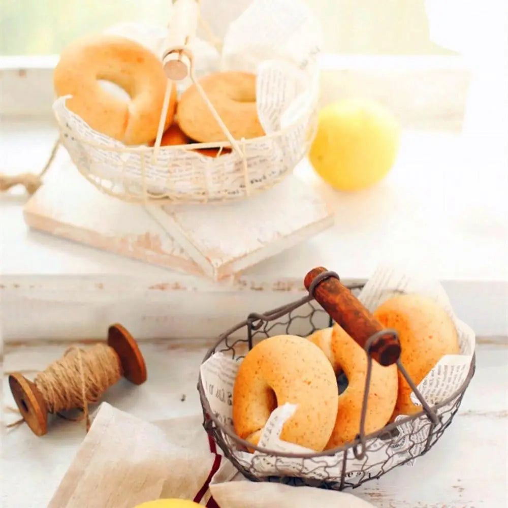 Kitchen Egg Storage Basket Creative Fruit Basket Retro Iron Snack Bread Vegetable Storage Container Holder With Wooden Handle