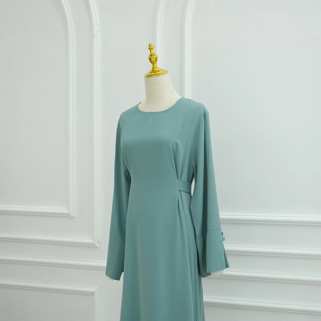 2025 Ramadan Modest Muslim Women's Clothes Elegant Arabic Back Belted Abaya Dress with Lace Sleeves Islamic Flared Maxi Robe