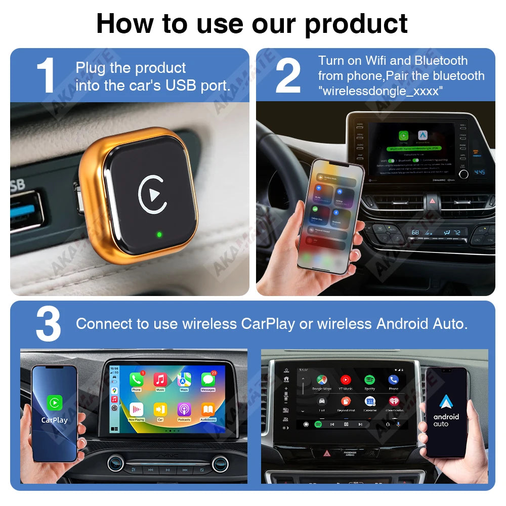 Kabelloser Adapter CarPlay Android Auto 2-in-1 Kabelgebunden zu Kabellos CarPlay Android Auto Bluetooth USB Typ-C Plug-and-Play