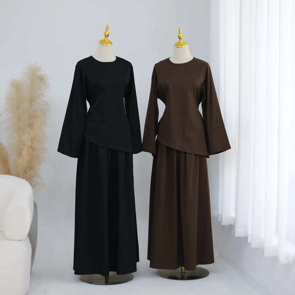 Elegant Muslim Women 2 Piece Abaya Set Ramadan Modest Summer Daily Turkey Top and Skirt Suit Islamic Casual Outfit for Eid