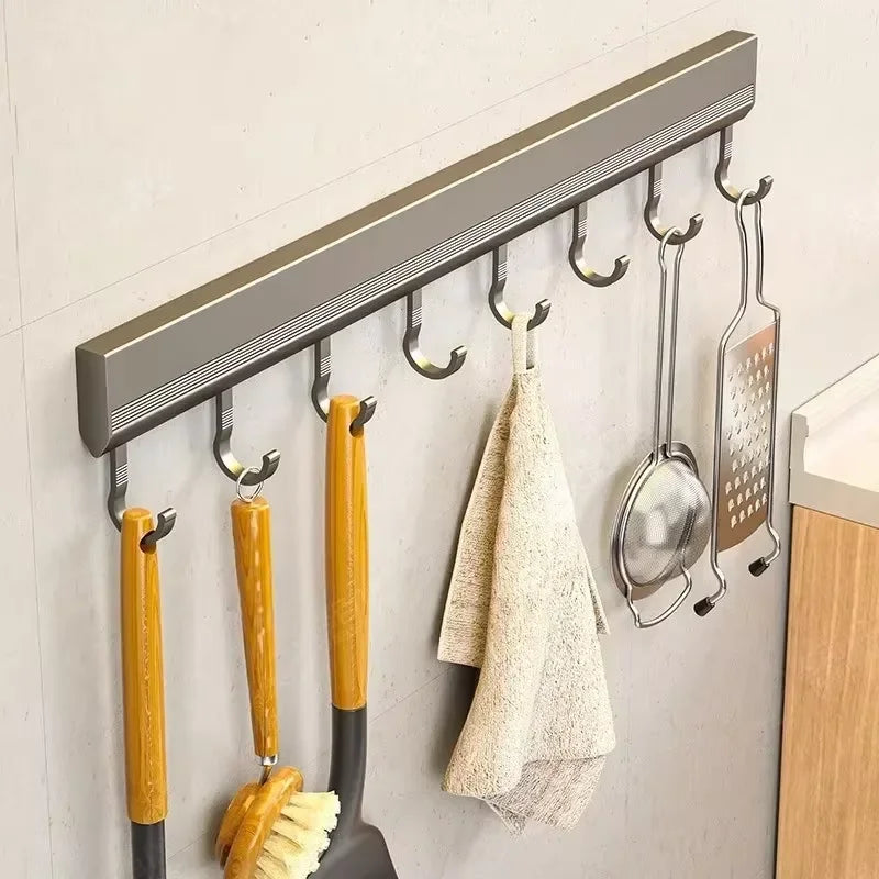 Kitchen HookRack - Wall-Mounted Without Drilling - Space Aluminum Multi-Functional Storage Hooks