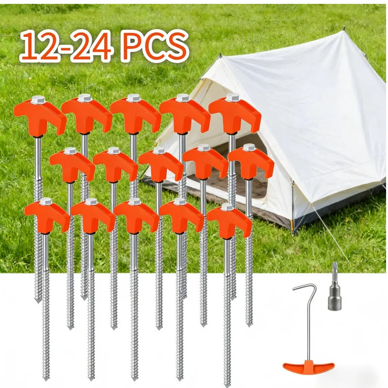 12/16/24PCs Screw pegs tent steel pegs Camping tent pegs Set Herring Earth nails Stable tent ground anchor 25CM Camping Herring Puls 13MM Hexagon Drill for Hard Ground Forest Grass