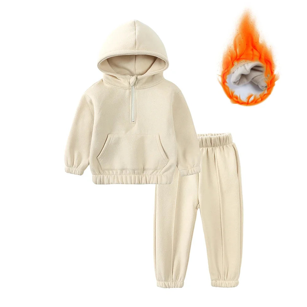 2026 Children Kids Fleece Winter Outfits Solid Cotton Hooded Sweatshirt+Pants Toddler Infant Suit Boy Girl Casual Warm Clothes