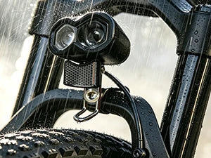 12V-60V universal ebike headlight with horn, IPX4 waterproof, 115Lux low beam, 2/3-pin plug, riser mount for e-bikes & scooters
