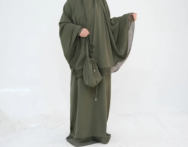 Complete Women's Islamic Prayer Outfit Set (4 Items) Includes Prayer Rug Carry Case Modest Abaya Dress and Khimar Headscarf