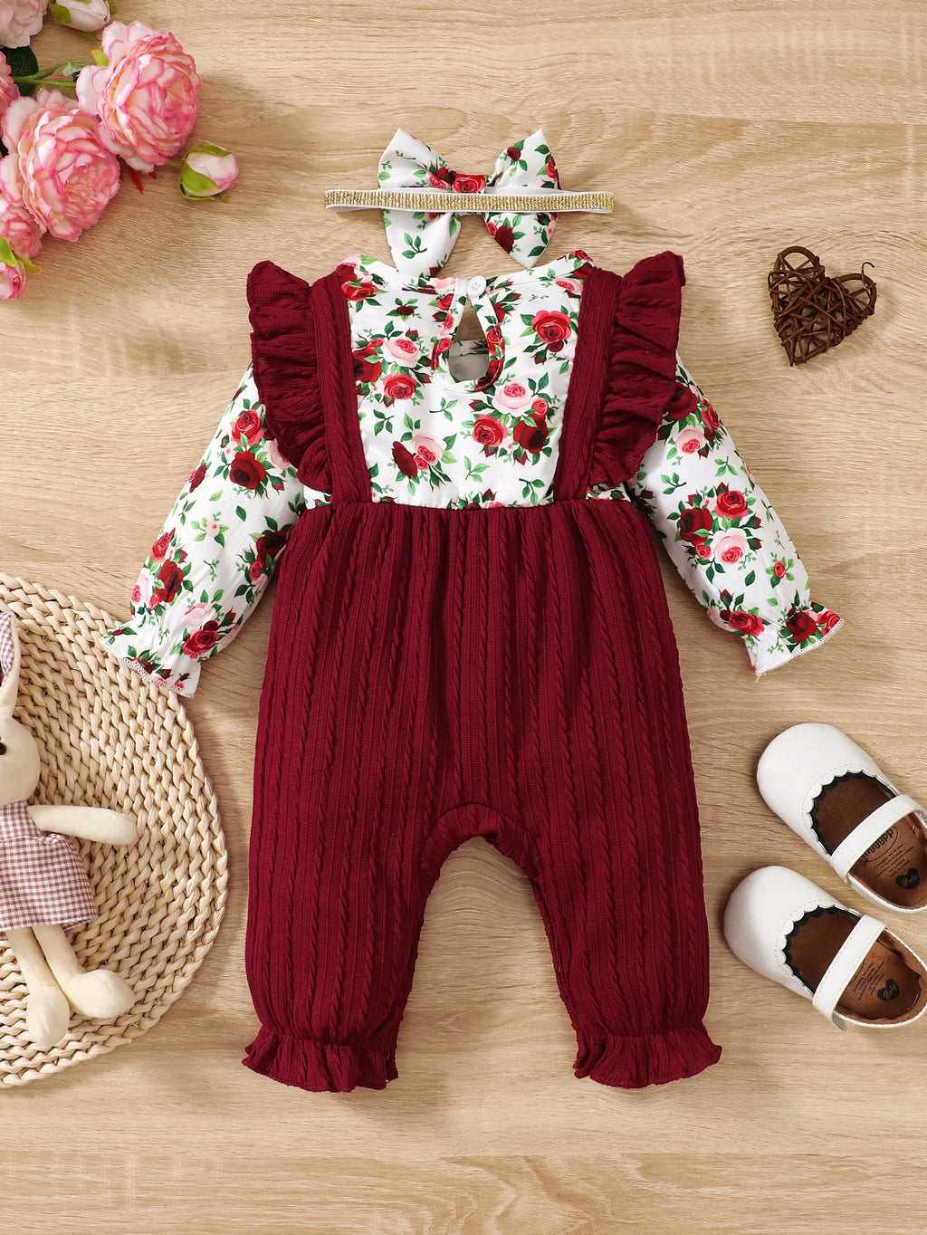 0-18 Months Newborn Baby Girl Romper Cute Floral Long Sleeve with Bow Bodysuit+Headband Infant Girl Spring&Autumn Jumpsuit