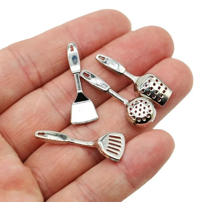 1:12 Dollhouse Miniatures Mini Kitchen Tableware Wooden Knife And Fork Metal Pot Set Doll House Toys Decor Accessories