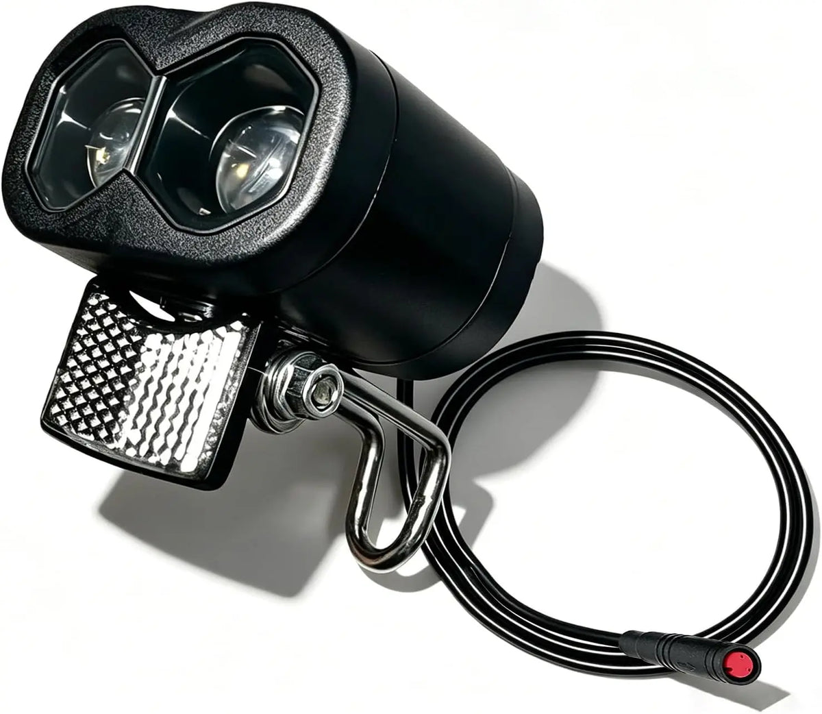 12V-60V universal ebike headlight with horn, IPX4 waterproof, 115Lux low beam, 2/3-pin plug, riser mount for e-bikes & scooters
