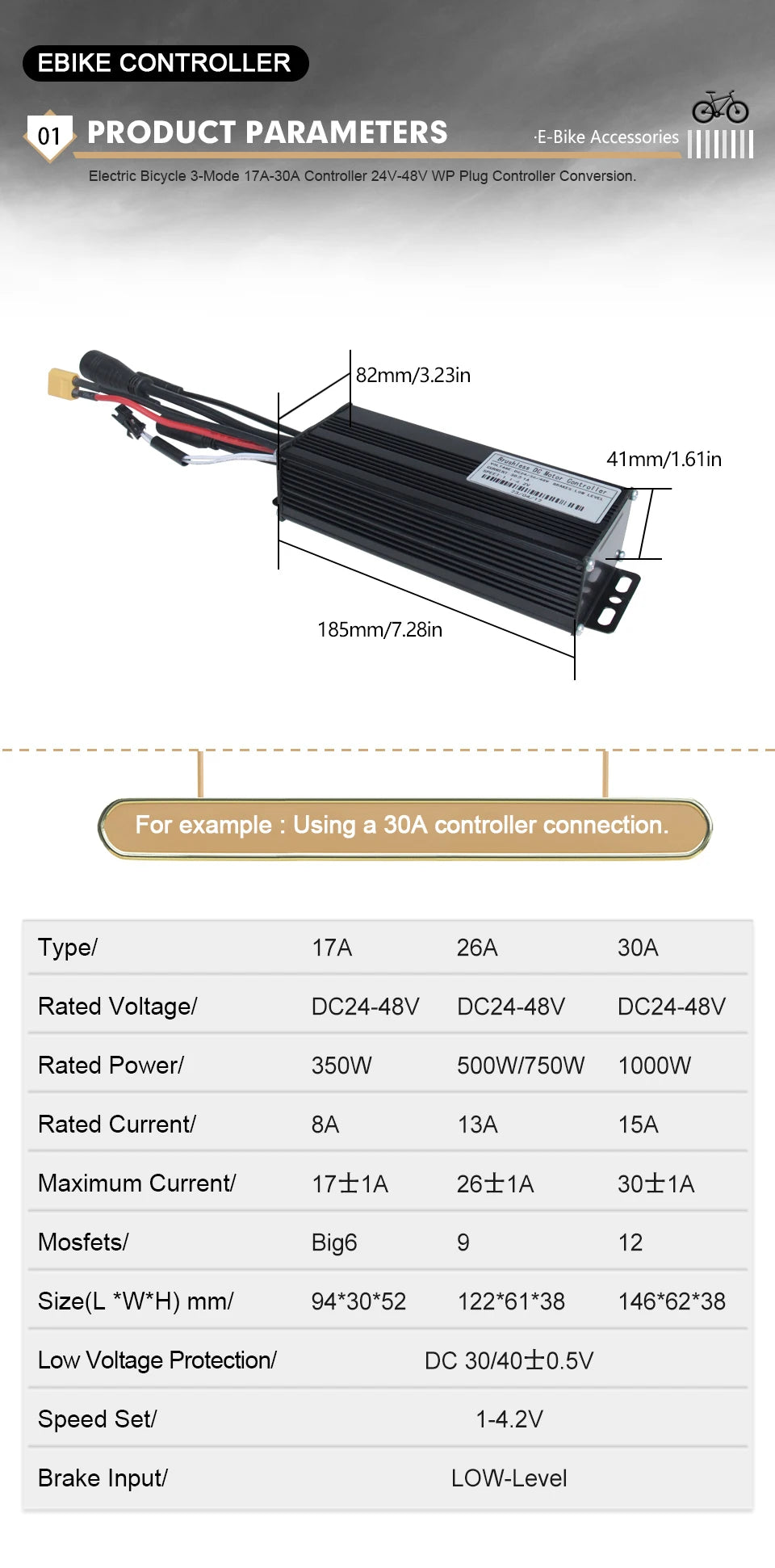 17A26A30A Ebike Brushless Motor Controller 350W/750W/1000W Sinewave Controller G51 LCD Display UART2 Protocol for Scooter E-Bike
