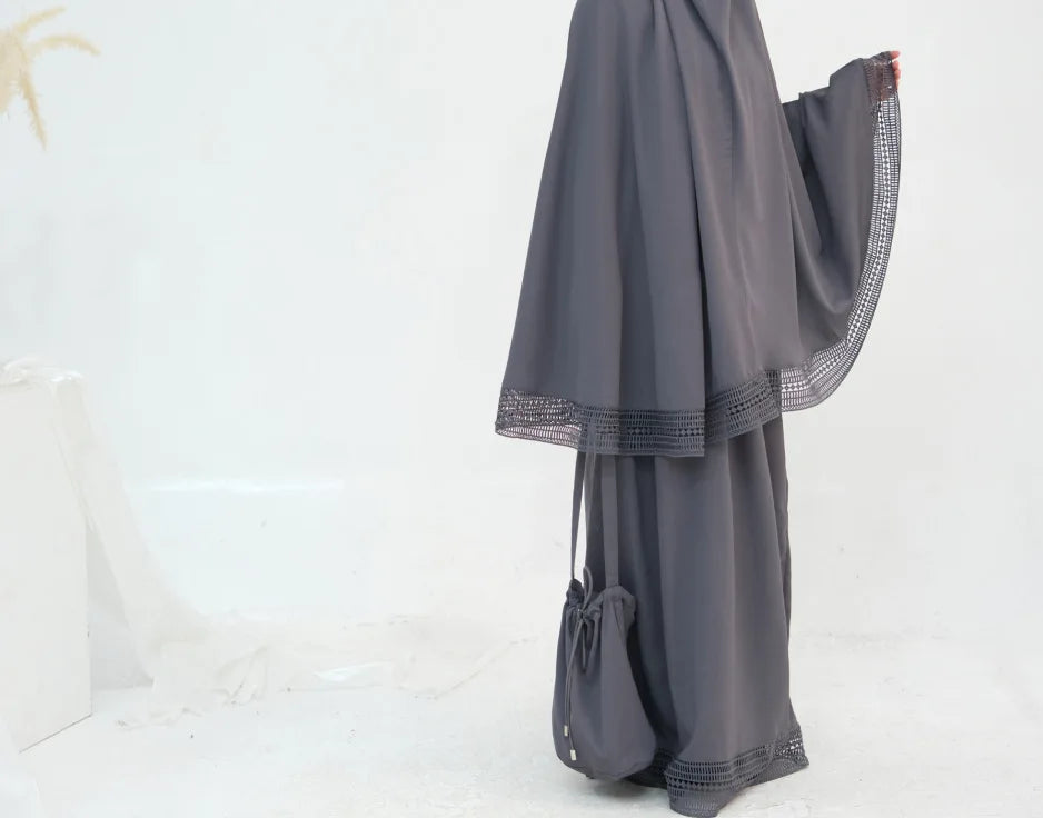 Complete Women's Islamic Prayer Outfit Set (4 Items) Includes Prayer Rug Carry Case Modest Abaya Dress and Khimar Headscarf