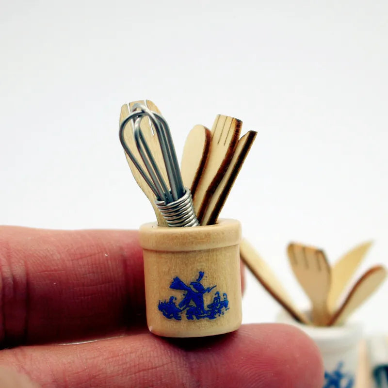 2026 New Miniature Dollhouse Kitchen Tools Set Wooden Spatula Knife Fork Egg Beater Jar Home Decor Photography Props Mini Toys