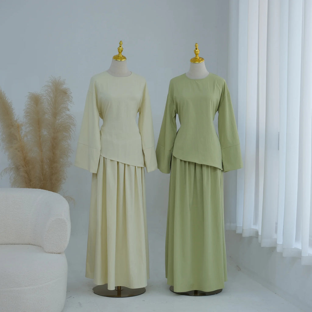 Elegant Muslim Women 2 Piece Abaya Set Ramadan Modest Summer Daily Turkey Top and Skirt Suit Islamic Casual Outfit for Eid
