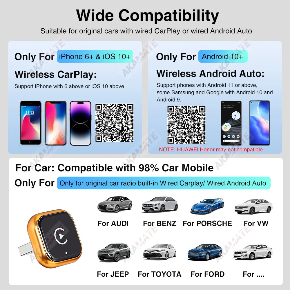 Kabelloser Adapter CarPlay Android Auto 2-in-1 Kabelgebunden zu Kabellos CarPlay Android Auto Bluetooth USB Typ-C Plug-and-Play