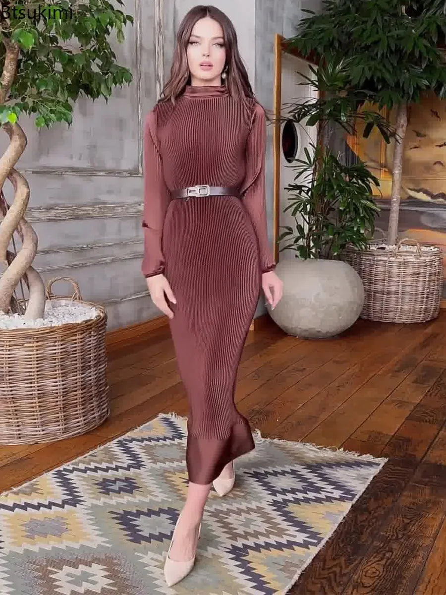 Eid Muslim Dress for Women Fashion Elegant Pleated Long Dresses Morocco Party Abayas Ramadan Belted Vestidos Islamic Arab Robe