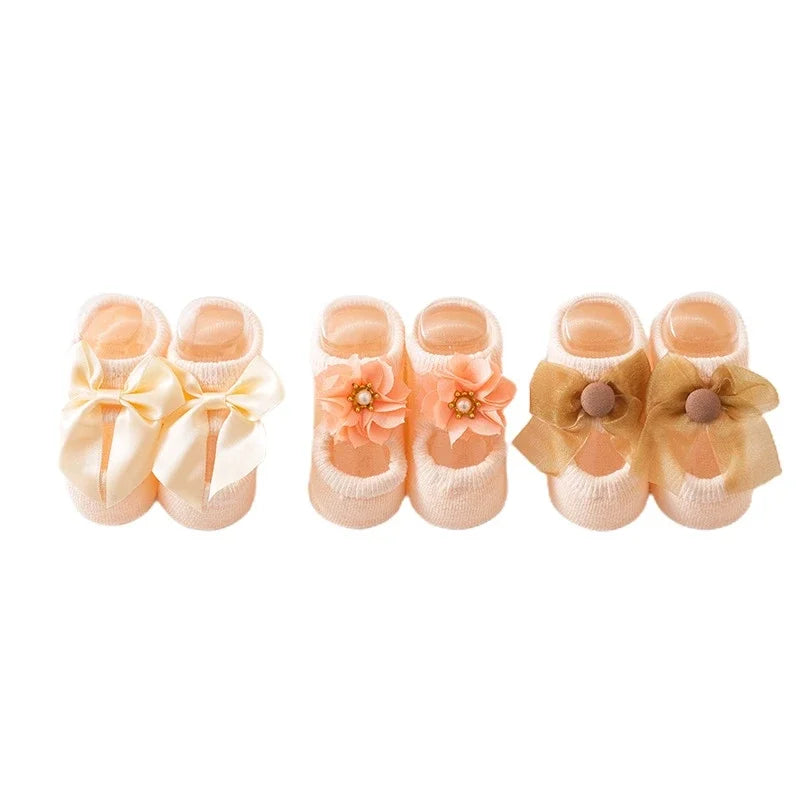 3 Pair Baby Girl Ankle Socks Lace Bow Infant Anti Slip Socks Newborn Princess Pearl Low Cut Socks Children Home Floor Shoes