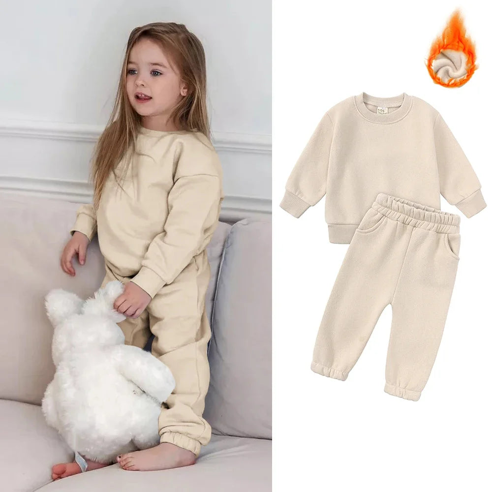 2026 Children Kids Fleece Winter Outfits Solid Cotton Hooded Sweatshirt+Pants Toddler Infant Suit Boy Girl Casual Warm Clothes