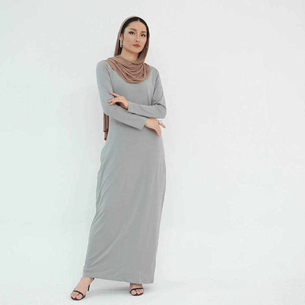 2025 Ramadan Muslim Women Abaya Islamic Stretch Underskirt - Solid Milk Silk Layering Dress Modest Elastic Inner Slip