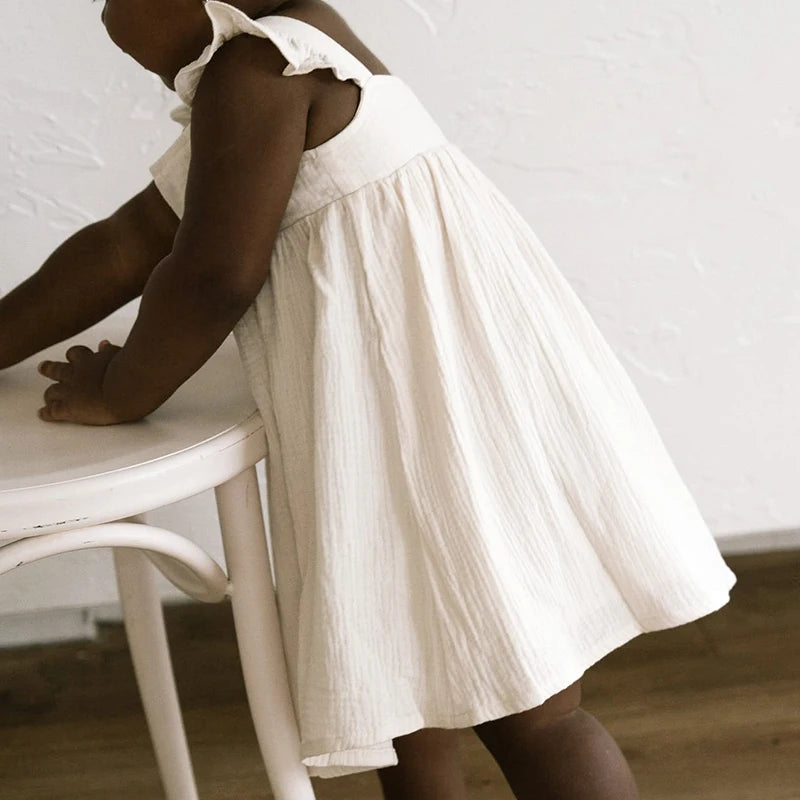 100%Cotton Muslin Girls White Dress With Lined Summer New Retro Baby Girl Sleeveless Ruffled Straps Flowy Princess Dresses TZ385