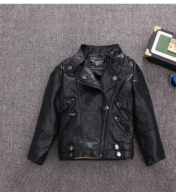 2-14 Years Old Girls Faux Leather Jacket Children PU Coat Long Sleeve Zip Belt Locomotive Jacket Stylish Teen Kids Boys Jackets