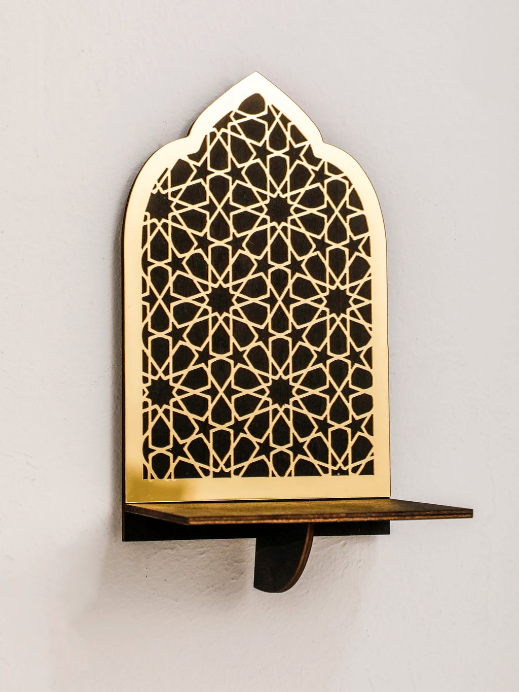 Islamic Ramadan Wood Wall Shelf Geometric Gold Black Acrylic Hanging Shelf for Eid Mubarak Kareem Candle Incense Home Decor Gift