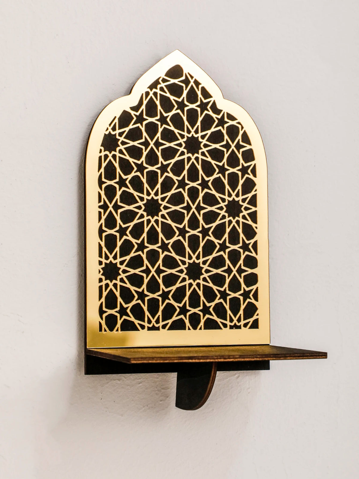 Islamic Ramadan Wood Wall Shelf Geometric Gold Black Acrylic Hanging Shelf for Eid Mubarak Kareem Candle Incense Home Decor Gift