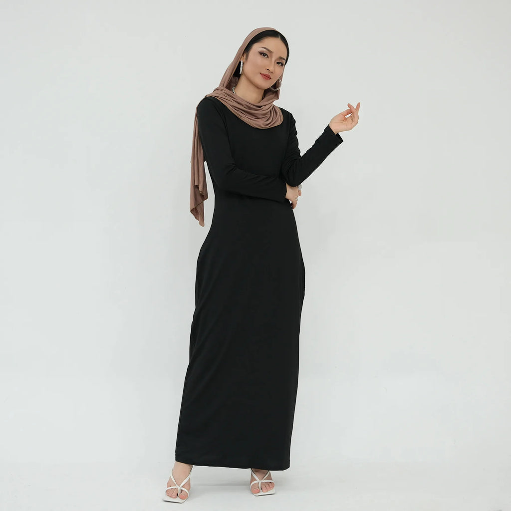 2025 Ramadan Muslim Women Abaya Islamic Stretch Underskirt - Solid Milk Silk Layering Dress Modest Elastic Inner Slip