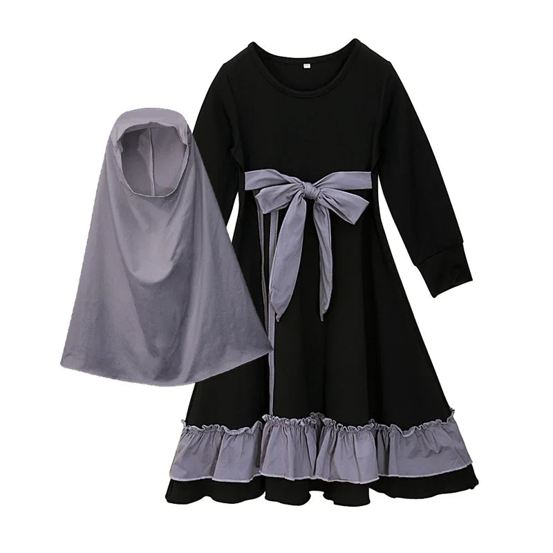 Muslim Ramadan 2Pcs Islamic Girls Modest Prayer Gown Long Sleeve Dress Hijab Arabic Kids Abayas Dubai Kaftan Robe with Headscarf