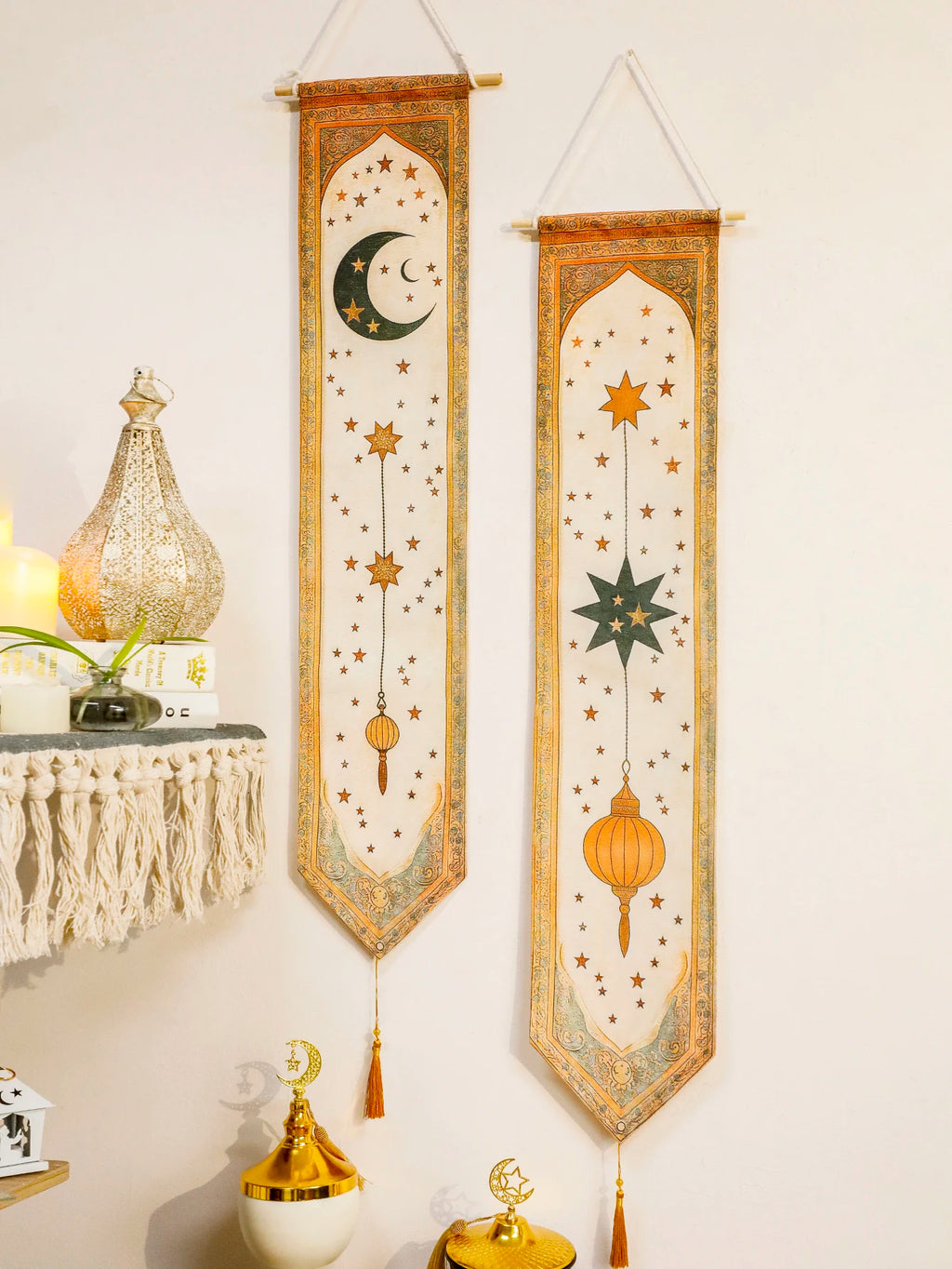 Islamic Ramadan Wall Banner Moon Star Lantern Tapestry for Eid Mubarak Kareem Muslim Festival Home Decor Hanging Ornaments Gifts