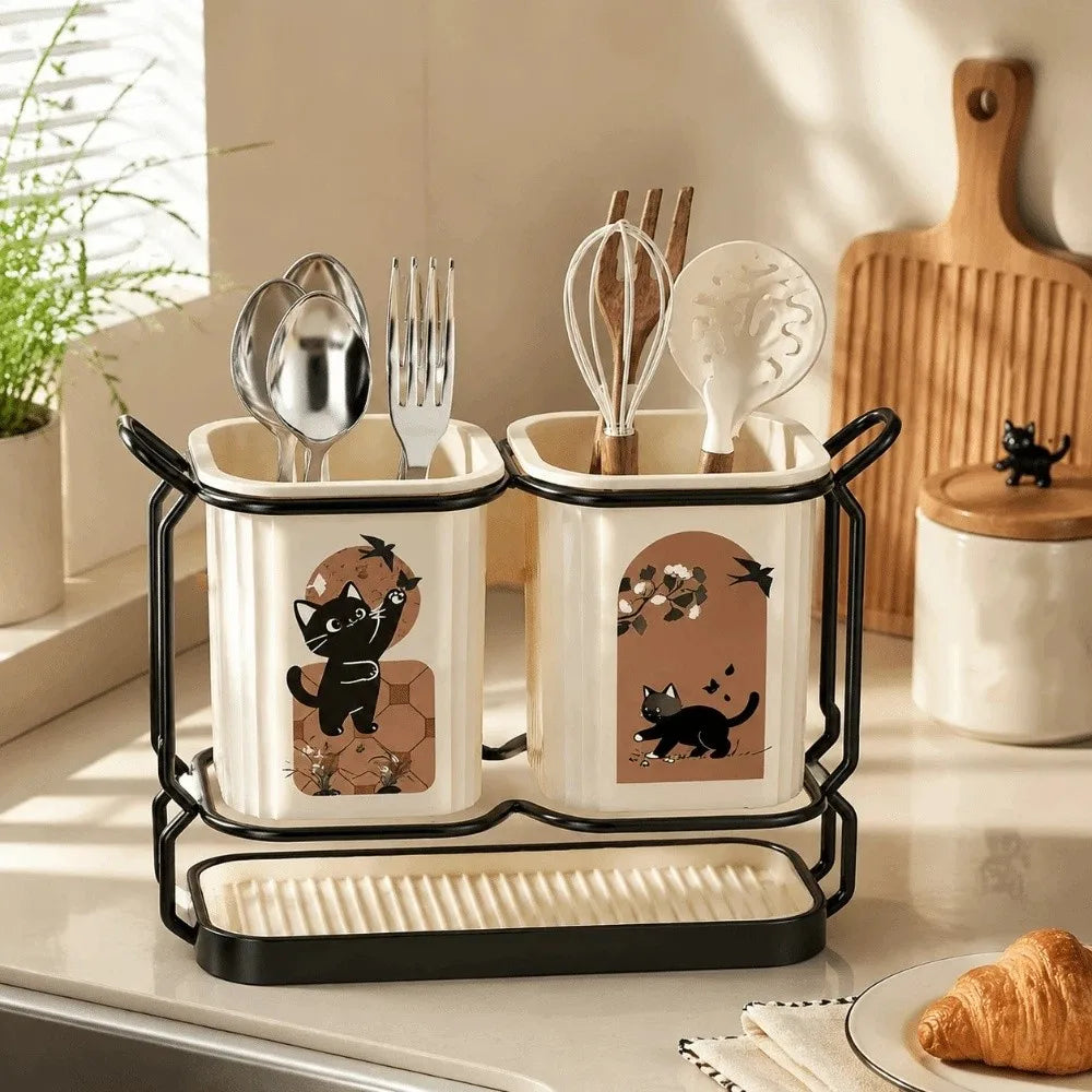 Cute Cat Kitchen Storage Basket Durable Organizer Cutlery Holder Standing No-drill Tableware Drainer Household