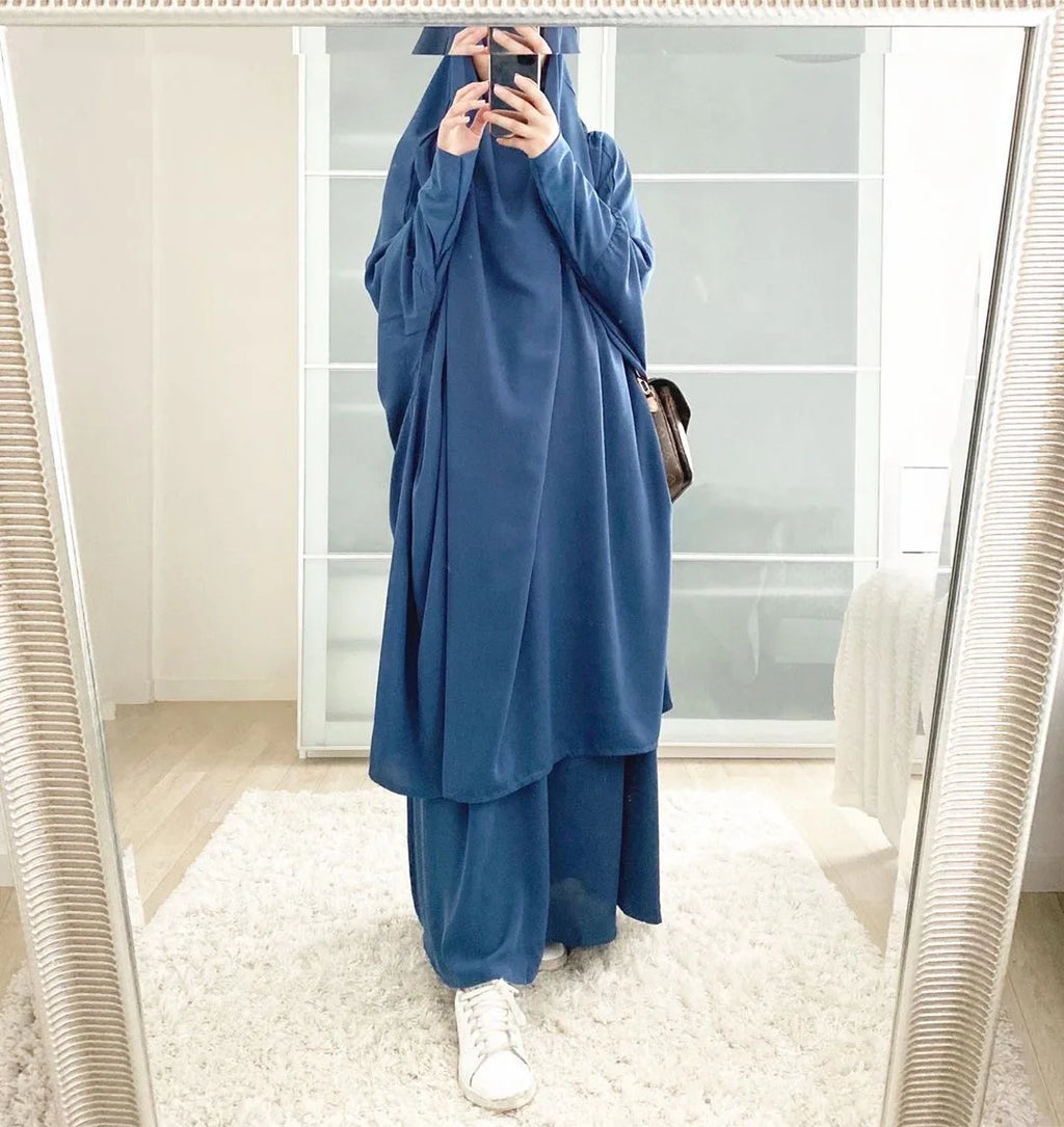 Eid Women Long Khimar 2 Piece Set Prayer Garment Djellaba  Abaya Muslim Ramadan Gown Dubai Arab Islamic Niqab Burka Jubah Jilbab