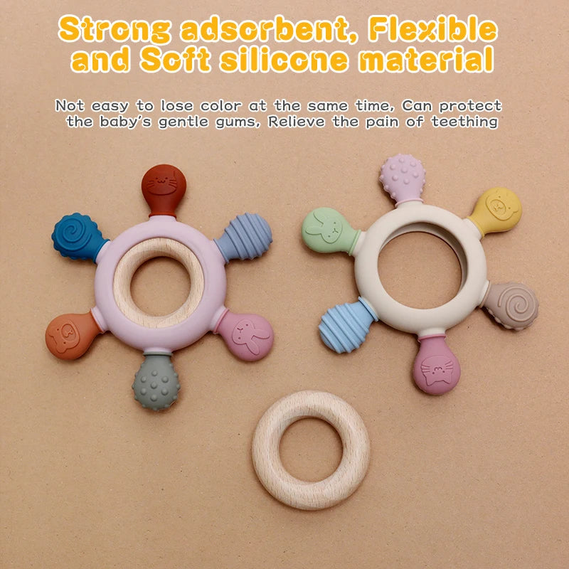 1PC Silicone Teether Baby Ring Shape Wooden Teether Ring Kid Gift BPA Free Silicone Children Goods Kid Teething Toy