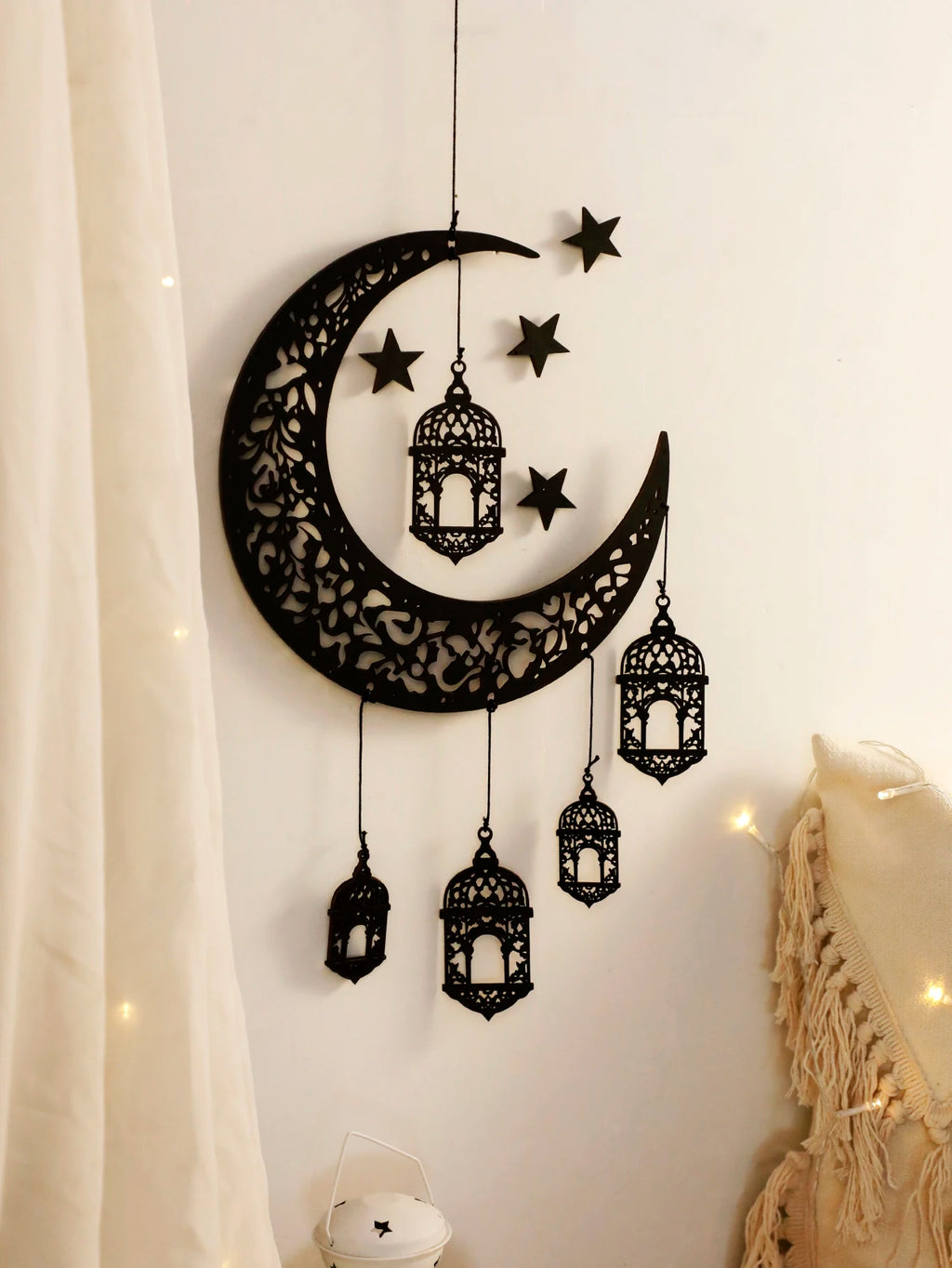 Wooden Hollow Moon and Star Lantern – DIY Ramadan Hanging Decor, Islamic Eid Mubarak Festival Decorations，Ornament Islamic Gifts