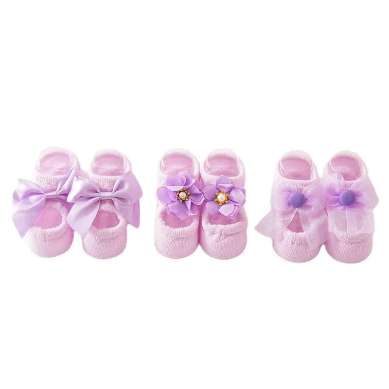 3 Pair Baby Girl Ankle Socks Lace Bow Infant Anti Slip Socks Newborn Princess Pearl Low Cut Socks Children Home Floor Shoes