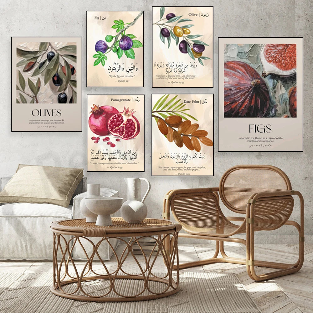 Islamische Kunst, Koran-Pflanzenverse, Hadith-Essen, Feigen, Oliven, Datteln, muslimische Granatapfel-Wandkunst, Poster zur Küchenwanddekoration