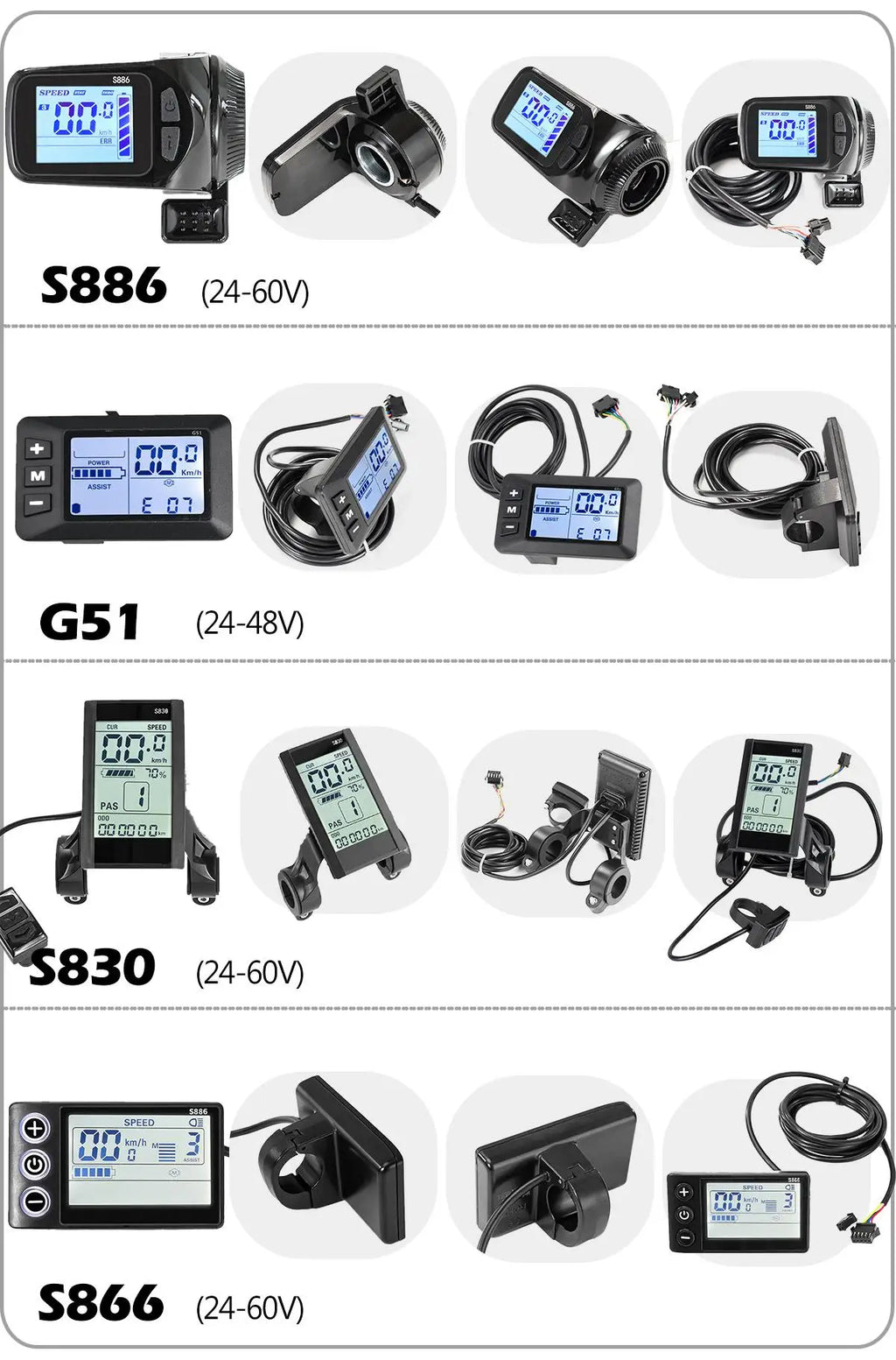 24V 36V 48V 60V Electric Bike Brushless Controller with LCD Display E-bike Accessories Parts E-Scooter 500W S886 S830 G51 S866