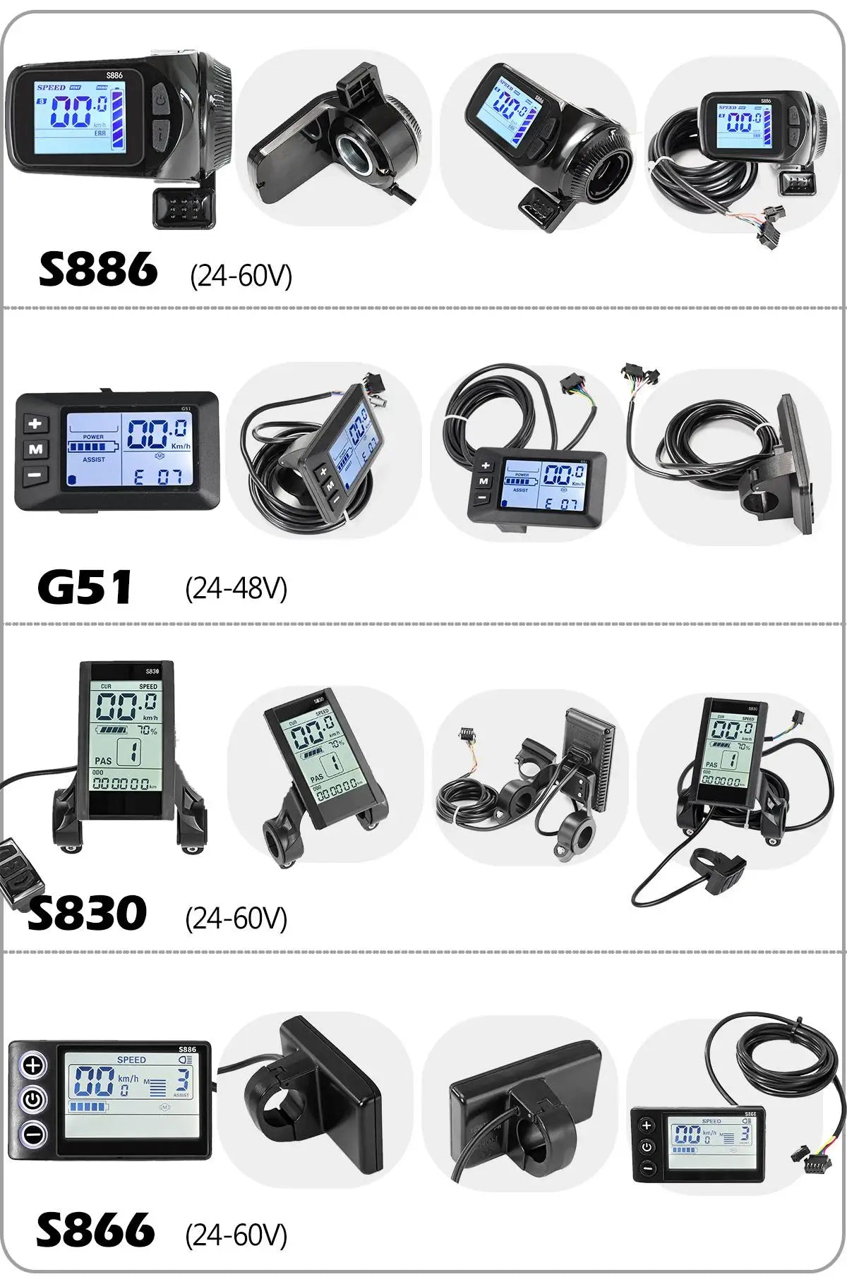 24V 36V 48V 60V Electric Bike Brushless Controller with LCD Display E-bike Accessories Parts E-Scooter 500W S886 S830 G51 S866