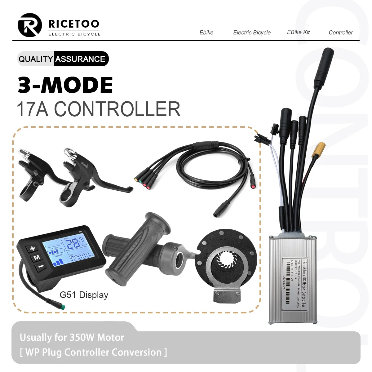 17A26A30A Ebike Brushless Motor Controller 350W/750W/1000W Sinewave Controller G51 LCD Display UART2 Protocol for Scooter E-Bike