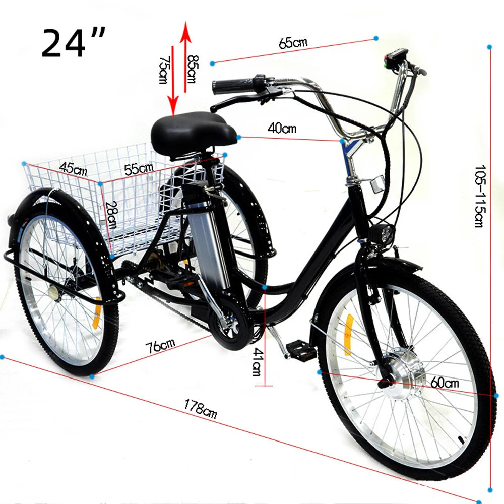 24 Inch Adult Electric Tricycle 3 Wheel 350W 36V Electric Cargo Bike For Elderly  With Big Cargo Basket/Three Riding Modes