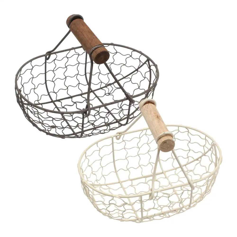 Kitchen Egg Storage Basket Creative Fruit Basket Retro Iron Snack Bread Vegetable Storage Container Holder With Wooden Handle